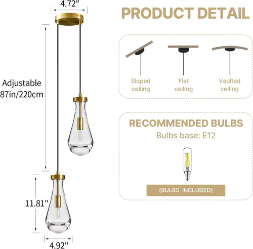Miniatura 5 de Lámparas Colgantes de Gota de Lluvia para Isla de Cocina: Lámparas de Gota de Lluvia de Cristal de 2 Luces - Lámparas de Latón Dorado para sobre