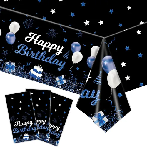 Miniatura 8 de MRJ Black Party Supplies - Paquete de 3 manteles de feliz cumpleaños con estrellas rosas y negras, decoraciones perfectas para fiestas de cumpleaños