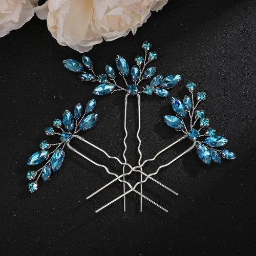 Teyglen Juego de 3 horquillas para el cabello con diamantes de imitación, hechas a mano con cristales para novias, mujeres, niñas (azul lago)