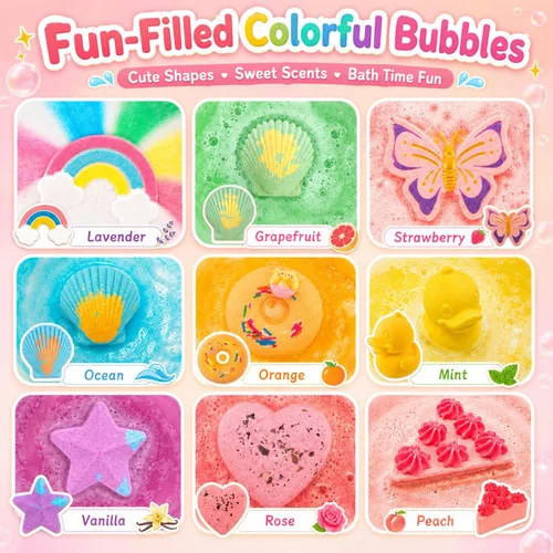 Miniatura 4 de Bombas de baño 9XXL para niños con juguetes sorpresa en el interior, paquete de 9 bombas de baño no tóxicas, baño de burbujas con 9 aromas, regalos