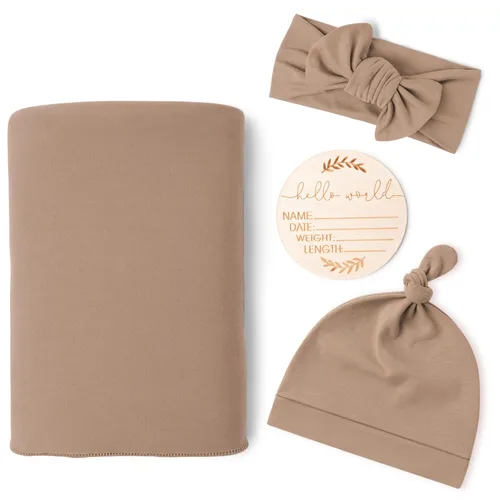 Miniatura 15 de Konssy Manta de Recién Nacida para Bebé Niña con juego de Banda para la Cabeza y Gorrito Set Manta Envolvente para Bebé para Guardería Crema
