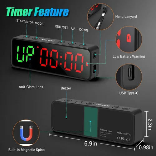 Miniatura 3 de Reloj con temporizador de gimnasio pequeño, cronómetro magnético con temporizador de intervalos de entrenamiento, pantalla digital LED grande