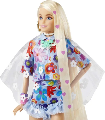 Miniatura 3 de Barbie Muñeca extra y accesorios con pelo rubio extra largo con traje floral y poncho con conejito de mascota