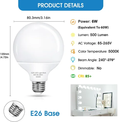 Miniatura 8 de EvaStary Bombillas de tocador, bombilla LED de globo de 6 W (equivalente a 60 W), bombillas redondas de luz diurna de 5000 K para espejo de Blanco