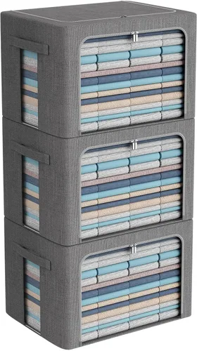 Miniatura 23 de CYhom Paquete de 3 contenedores plegables de almacenamiento - Caja de almacenamiento con marco de tela de lino apilable para ropa con ventana
