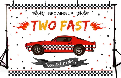 Miniatura 3 de MEHOFOND Dos telón de fondo de cumpleaños rápido de coche de carreras de 2º cumpleaños, suministros de decoración de fiesta de cumpleaños