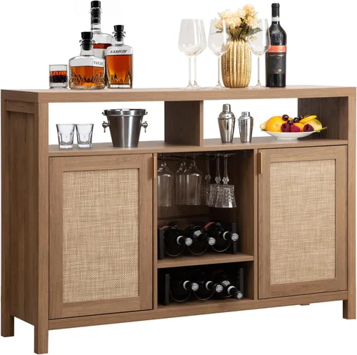 Miniatura 14 de SICOTAS - Gabinete de barra de café de ratán, aparador de buffet de 51" con almacenamiento, gabinete de licor moderno con estantes para vino