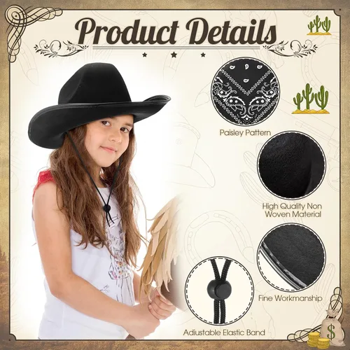 Miniatura 5 de Unittype Juego de 12 sombreros de vaquero para niños, sombrero de vaquera occidental y bandanas de poliéster para niños y niñas, disfraces