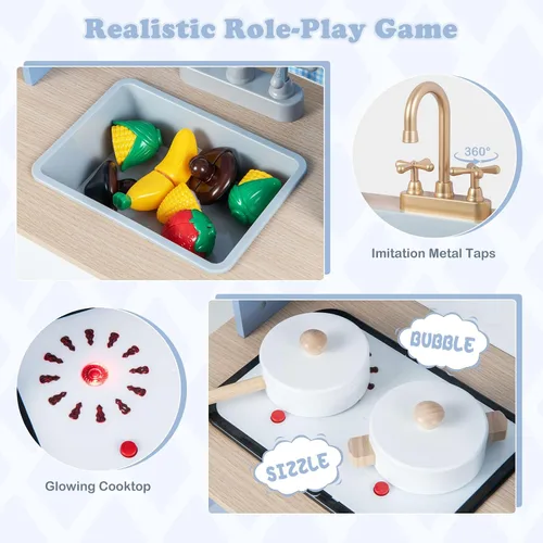 Miniatura 2 de INFANS Juego de cocina para niños, juego de cocina de madera con estufa, fregadero, microondas, armario de almacenamiento, juego de juguetes
