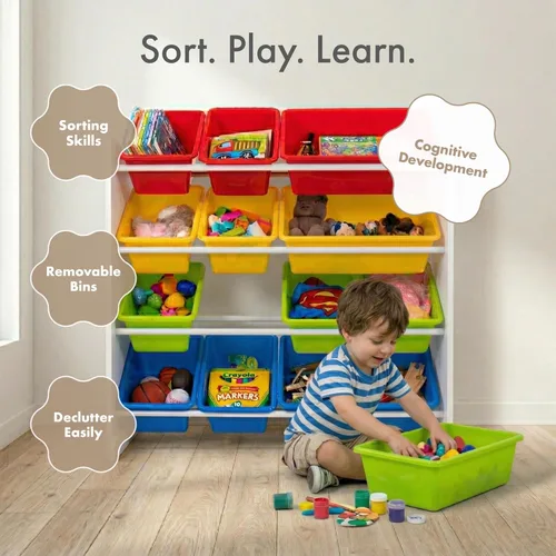 Miniatura 6 de Organizador de juguetes para niños con cajas de almacenamiento Tot Tutors, Espresso, Madera, Blanco (White/Primary)