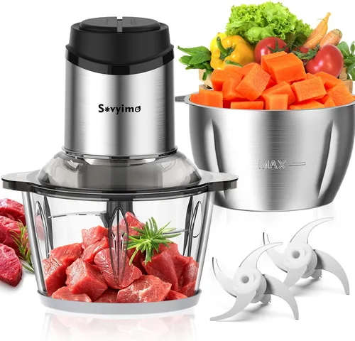 Sovyime - Procesador de alimentos, picadora de carne y verduras para uso doméstico, picadora pequeña de alimentos Sovyime con 2 cuencos (8 tazas) y