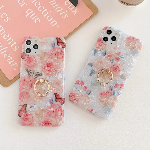 Miniatura 5 de Qokey - Funda compatible para iPhone XR, hermoso diseño de flores, para mujer y niña, con anillo giratorio de 360 grados, TPU suave, a prueba