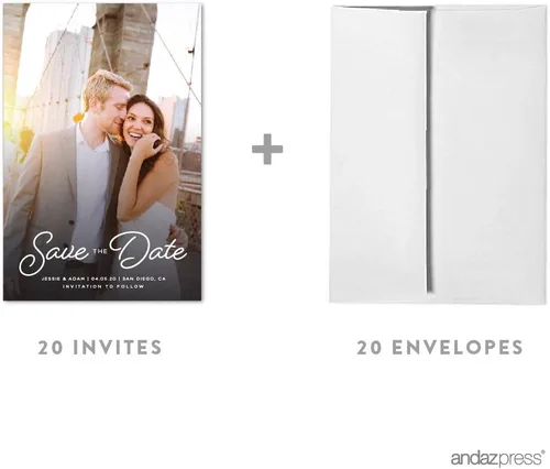 Andaz Press Colección de boda personalizada con fotos, ahorra la fecha con sobres, paquete de 20, imagen personalizada