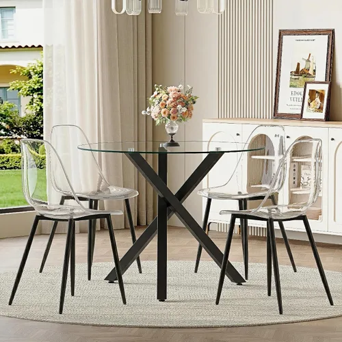 Miniatura 16 de Juego de mesa de comedor redonda de vidrio para 4, mesa de cocina redonda de 39 pulgadas y sillas para 4 personas con tapa de vidrio templado y base