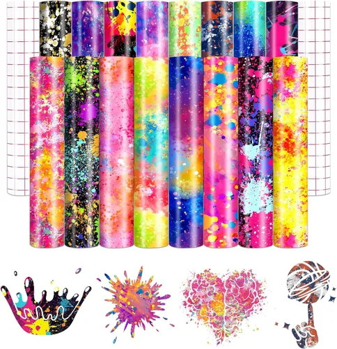 Colorful Splash - Vinilo permanente – 16 hojas de 12 x 10 pulgadas de vinilo adhesivo permanente para tazas y decoraciones, calcomanías