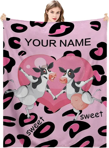 Miniatura 11 de Manta personalizada con estampado de vaca con nombre, texto personalizado, manta de vaca suave, cálida y acogedora manta de franela con estampado