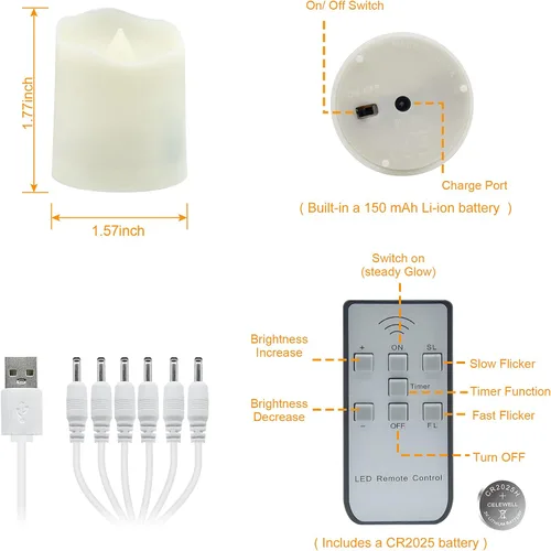 Miniatura 7 de Daord Velas de té recargables LED USB sin llama, velas votivas blancas cálidas con control remoto, velas parpadeantes con pilas para decoración