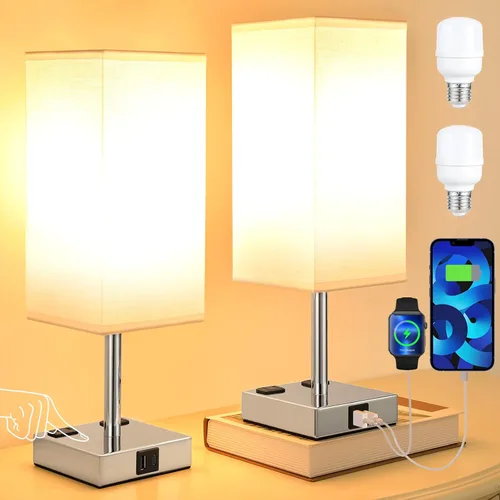 Miniatura 2 de aooshine - Juego de 2 lámparas de mesita de noche con control táctil con puertos de carga USB-C+A y salidas de AC, lámpara de mesita de noche