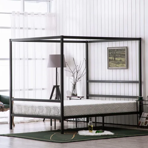 Miniatura 8 de Bonnlo Marco de cama con toldo negro tamaño matrimonial con cabecero, plataforma de metal de 10 pulgadas con 4 carteles, no necesita somier