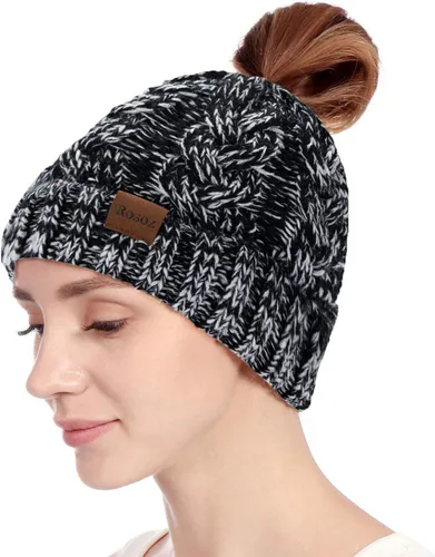 Miniatura 2 de Rosoz Gorro de cola de caballo para mujer, gorro cálido de invierno, suave, elástico, de punto trenzado, para moño alto