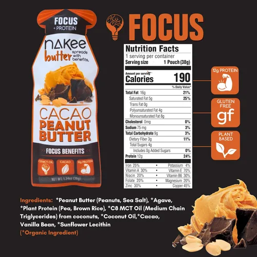 Miniatura 2 de Nakee Butter Focus Cacao Mantequilla de Maní - Paquete de 12, Sin Gluten