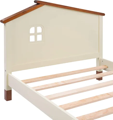 Miniatura 8 de Cama de plataforma de madera de tamaño individual con cabecera en forma de casa, soporte de listones de madera, para dormitorio de niños, niñas