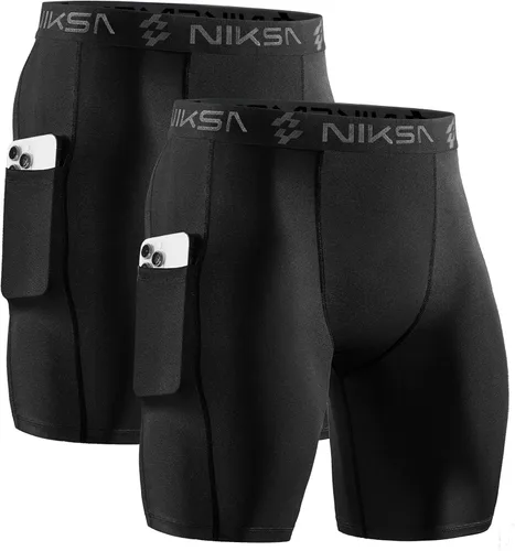 Miniatura 22 de Niksa Paquete de 2/4 pantalones cortos de compresión para hombre con bolsillo, pantalones cortos de elastano para correr, deportes, atletismo