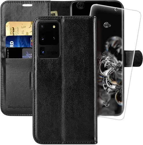 MONASAY Funda tipo cartera compatible con Galaxy S20 Ultra 5G de 6.9 pulgadas, protector de pantalla incluido, funda de piel con tarjetero y Negro