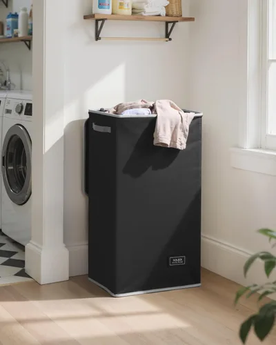Miniatura 2 de SOLEDI Cesta de lavandería negra con tapa y bolsa extraíble, cesta de lavandería grande y alta de 100 litros, plegable con asa para almacenamiento