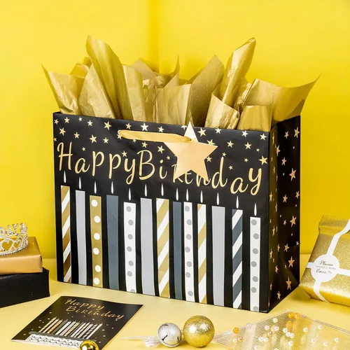 Miniatura 2 de MAYPLUSS Bolsa de regalo grande de cumpleaños de 16 pulgadas con tarjeta de felicitación y papel de seda para el día del nacimiento - Diseño de vela