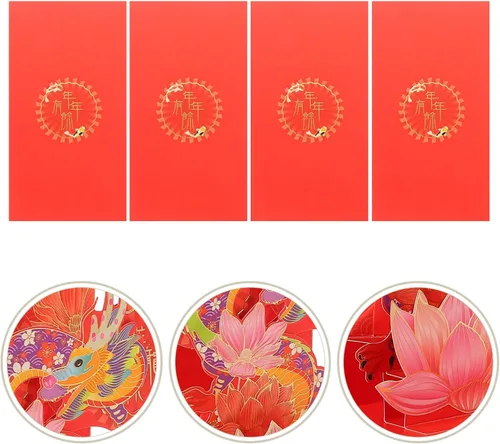 Miniatura 9 de Vaguelly Sobres rojos de año nuevo 3D 2024, 4 unidades, loto chino, carácter, año del dragón, Fengshui, Fortuna, sobre Hong Bao Lucky Money Red As