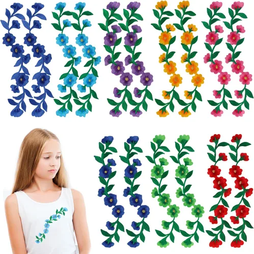 16 parches bordados de flores largas con flores de peonía, parches para planchar con apliques bordados de plantas, parches de costura para recortar