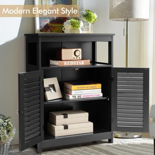 Miniatura 2 de COSTWAY Armario de almacenamiento para baño, organizador de almacenamiento lateral de madera con puertas de rejilla y estante extraíble, gabinete