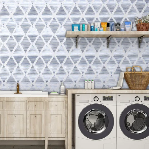Miniatura 7 de WENMER Papel tapiz geométrico para despegar y pegar de 17.3 x 118 pulgadas, papel tapiz de rayas azules y blancas, papel de contacto geométrico