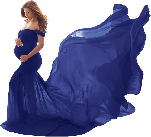 Vestido de maternidad para mujer, para fotografía, sirena con hombros descubiertos, ajustado, de gasa, con vuelo, para baby shower, maxivestido para