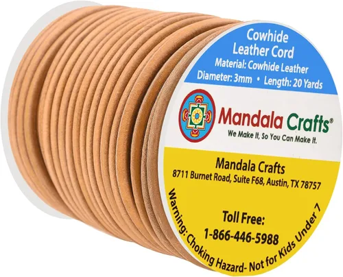 Miniatura 60 de Mandala Crafts Cordón Redondo de Cuero de Piel de Vaca Genuino Beige para Fabricación de Joyas Kumihimo Carrete de Cuerda de Cuero - Cordón