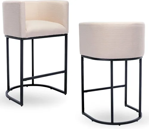 Miniatura 33 de Taburete de bar de lino de 32 pulgadas, taburete moderno de altura de barril con brazo, silla de mostrador tapizada, marco de metal negro para isla