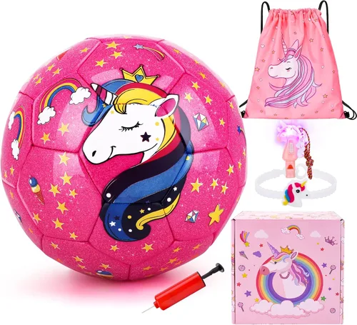 JYPS Balón de fútbol de unicornio con purpurina, tamaño 3 para niños y principiantes de 3 a 8 años con bomba, bolsa, juguete suave y seguro para