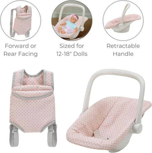 Miniatura 4 de Olivia's Little World Conjunto de Portabebés y Asiento de Coche de Muñeca Bebé Princesa de Lunares, Rosa/Gris