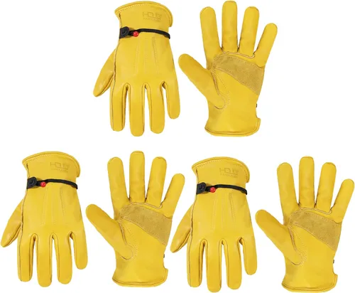 Miniatura 24 de HANDLANDY Guantes de jardinería de cuero para hombre, guantes de trabajo utilitarios para mecánicos, construcción, conductor 3 pares amarillo