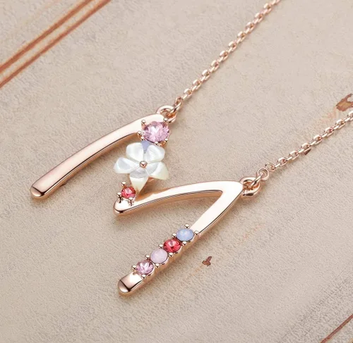 Miniatura 3 de Collar Gemmance de flor, con inicial, de amatista, rosa, rubí rojo, ópalo azul, perla sintética, con nombre, de joyería, hecha con cristales