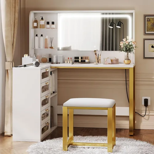 Miniatura 6 de YITAHOME Juego de escritorio de tocador, tocador de maquillaje con espejo y luces, 3 modos de iluminación, tocador grande de 48 pulgadas con 5