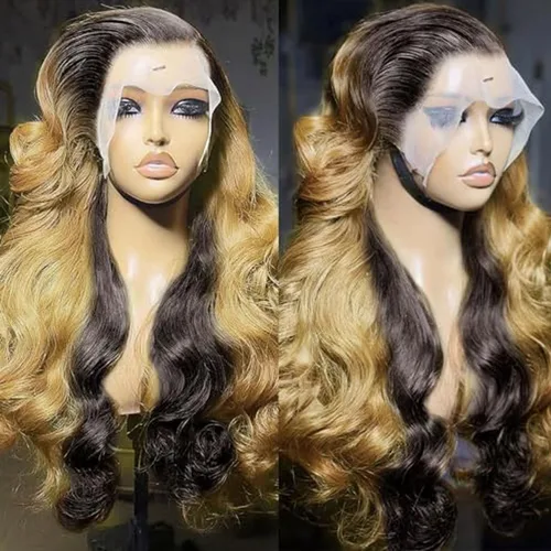 Miniatura 25 de 200% de densidad 13X6 Peluca de encaje frontal con reflejos ombre de pelo humano para mujeres, peluca de encaje frontal color naranja rojizo