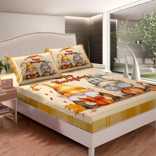 Miniatura 2 de Manfei Sábana bajera ajustable de otoño, tamaño individual, hojas de calabaza, dibujos animados, arcoíris, zorro, oso, ciervo, juego de ropa de cama