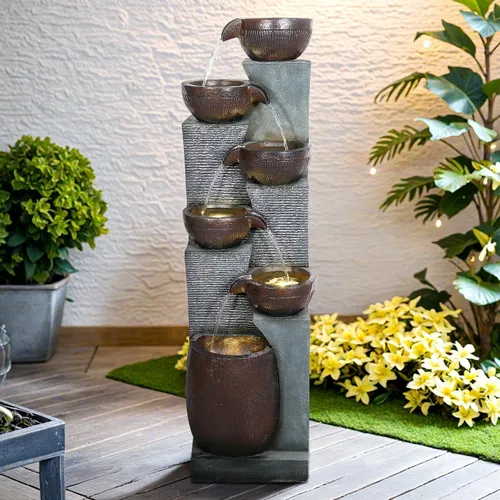Miniatura 11 de Fuente de agua para exteriores de 6 niveles de 56.6 pulgadas de alto con luces LED, tarros en cascada con diseño inspirado en tribales para jardín