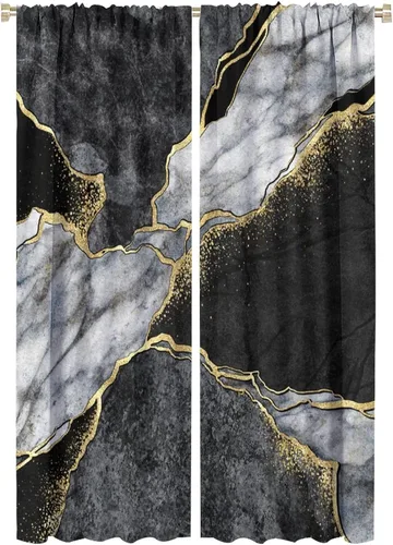 Miniatura 32 de Cortinas abstractas de mármol de lujo de lujo azul marino dorado a rayas con patrón de mármol estampado para dormitorio, sala de estar, cortinas