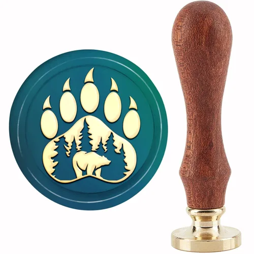 CRASPIRE Sello de cera de huella – Oso, luna de bosque de 1.181 in, cabeza de latón extraíble retro vintage con mango de madera para invitaciones de