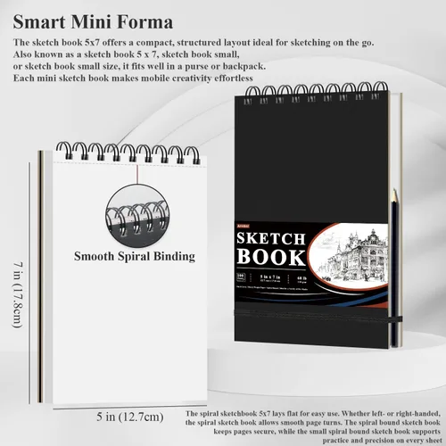 Miniatura 2 de Ankkol Cuaderno de bocetos con espiral 5x7, pequeño bloc de dibujo con tapa dura - 100 hojas, papel para bloc de dibujo mini de 68 lb/100 g/m²