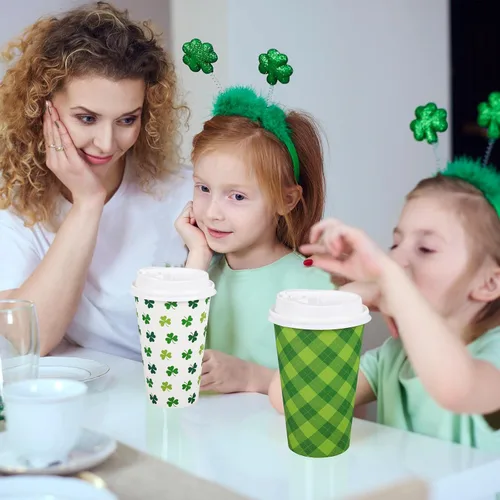 Miniatura 7 de Whaline Juego de 100 tazas de café desechables del día de San Patricio con tapas, taza de papel, verde y blanco, trébol a cuadros, tazas para beber