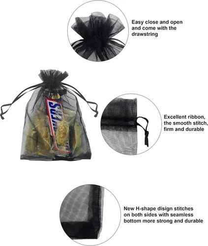Miniatura 7 de Jexila 50 bolsas de regalo de organza negra transparente de 8 x 12 pulgadas, bolsas de malla grandes con cordón para joyería para bodas, fiestas
